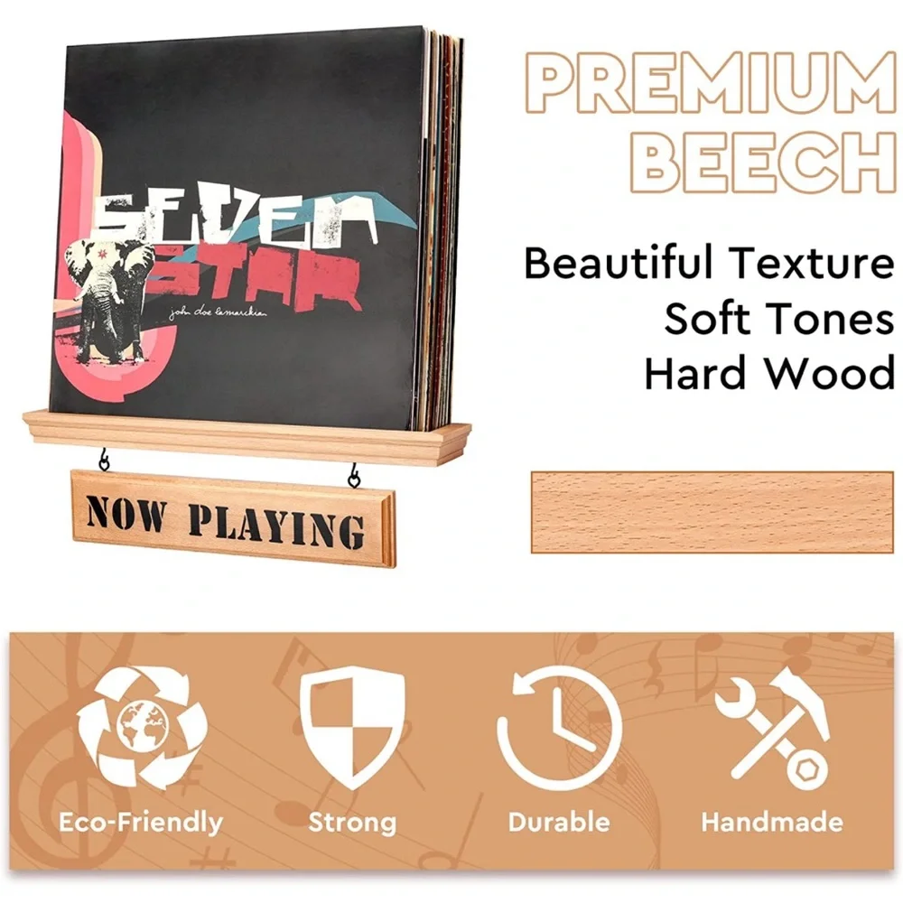 “Now Playing” Premium Beech Wood Vinyl Record Wall Mount Display Shelf (NWB)